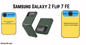 Samsung Galaxy Z Flip 7 FE foldable smartphone with detailed camera specifications including 50MP main and 12MP selfie camera