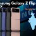 Samsung Galaxy Z Flip 7 FE multiple color variants with India launch announcement and map illustration.